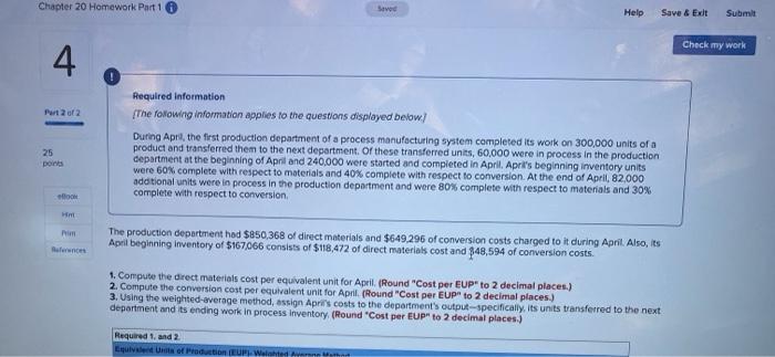 Chapter 20 Homework Part 1 4 Seved Help Save & Exit Submit