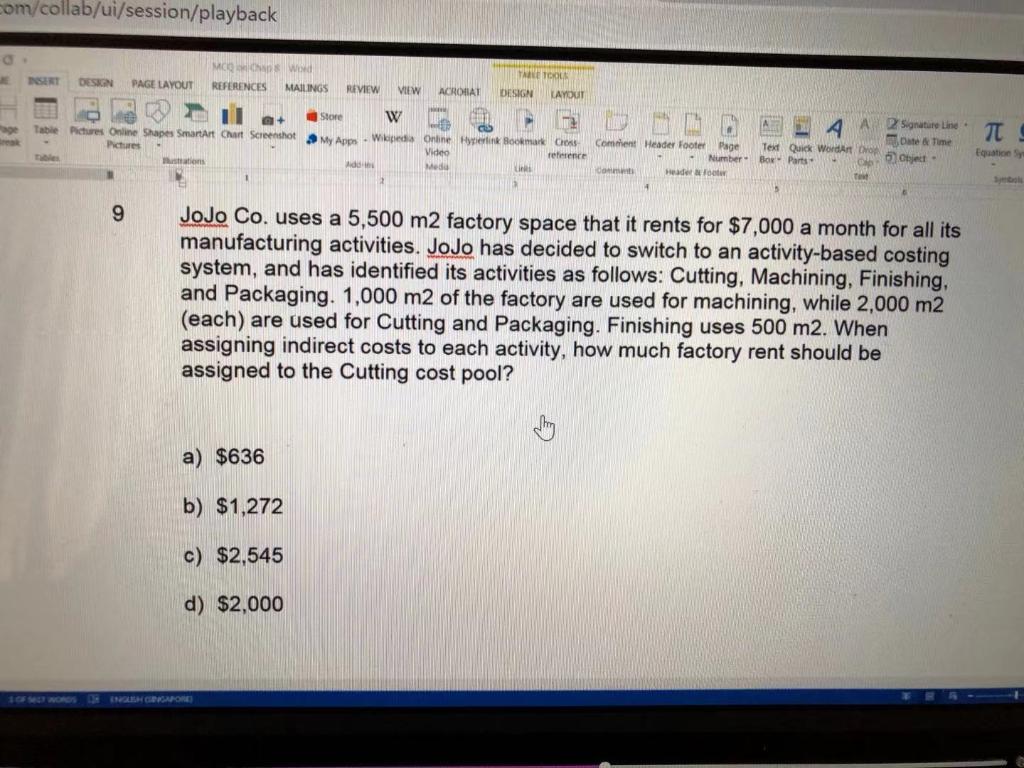 com/collab/ui/session/playback INSERT DESIGN PAGE LAYOUT MCQ Chap 8 Word REFERENCES MAILINGS REVIEW