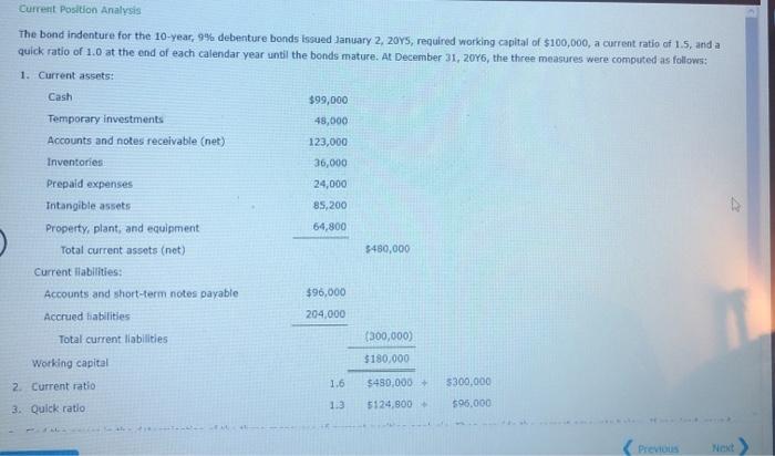 Current Position Analysis The bond indenture for the 10-year, 9% debenture bonds