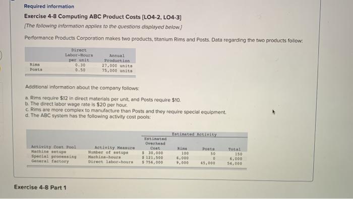 Required information Exercise 4-8 Computing ABC Product Costs [LO4-2, LO4-3] [The following