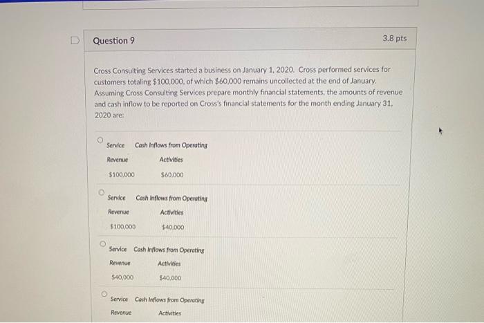 D Question 9 3.8 pts Cross Consulting Services started a business on