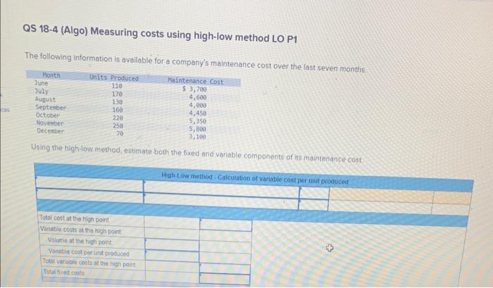QS 18-4 (Algo) Measuring costs using high-low method LO P1 The following