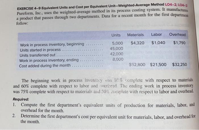 EXERCISE 4-9 Equivalent Units and Cost per Equivalent Unit-Weighted-Average Method LO4-2, L04-3