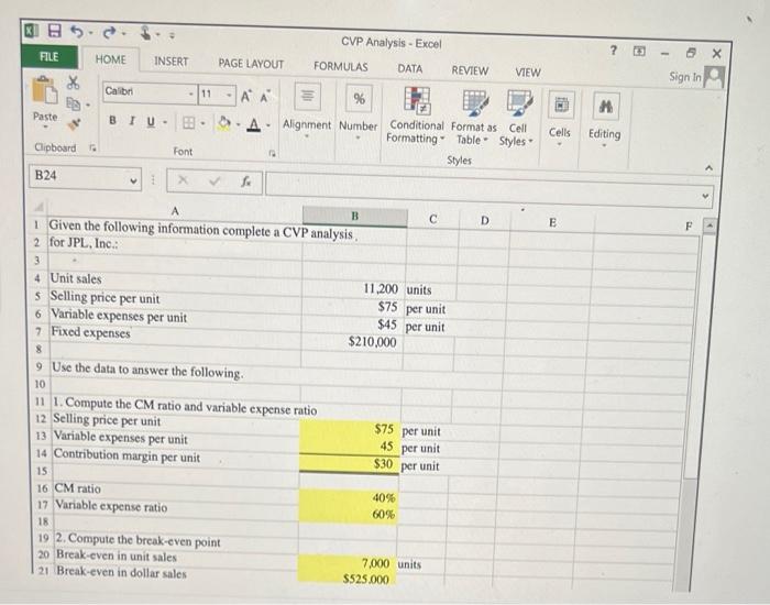 CVP Analysis-Excel 2 5 FILE HOME INSERT PAGE LAYOUT FORMULAS DATA REVIEW