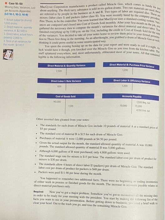 Case 10-50 Missing Data; Variances, Led- ger Accounts (Appendix) (LO 10-1, 10-3,