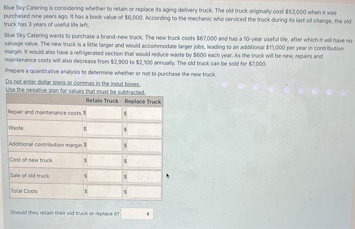 Blue Sky Catering is considering whether to retain or replace its aging