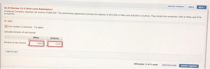 PRINTER VERSION NEXT Do It! Review 12-2 (Part Level Submission) Frontenac Company