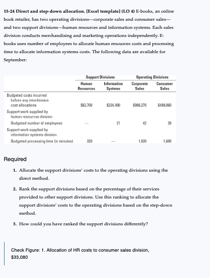 15-24 Direct and step-down allocation. [Excel template] (LO 4) E-books, an online