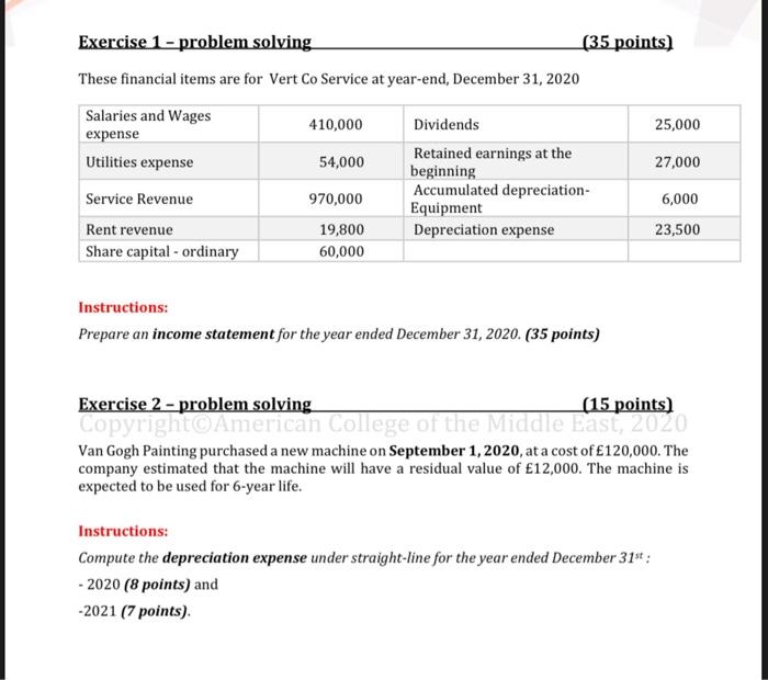 Exercise 1-problem solving (35 points) These financial items are for Vert Co