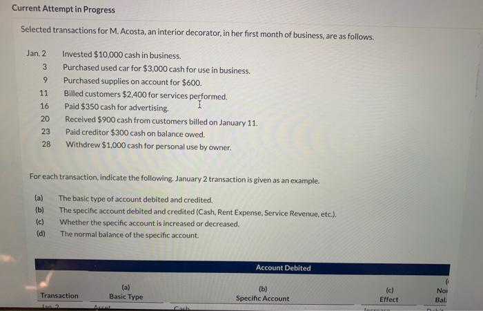 Current Attempt in Progress Selected transactions for M. Acosta, an interior decorator,