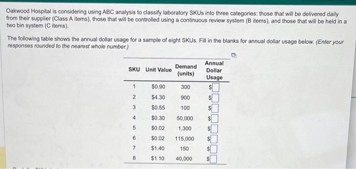 Oakwood Hospital is considering using ABC analysis to classify laboratory SKUS into