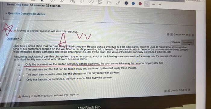 Remaining Time: 58 minutes, 26 seconds. Question Completion Status: 8 Unshed Noteb