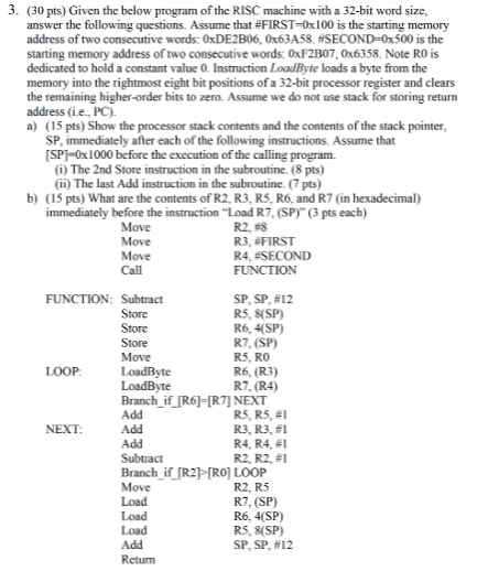 3. (30 pts) Given the below program of the RISC machine with