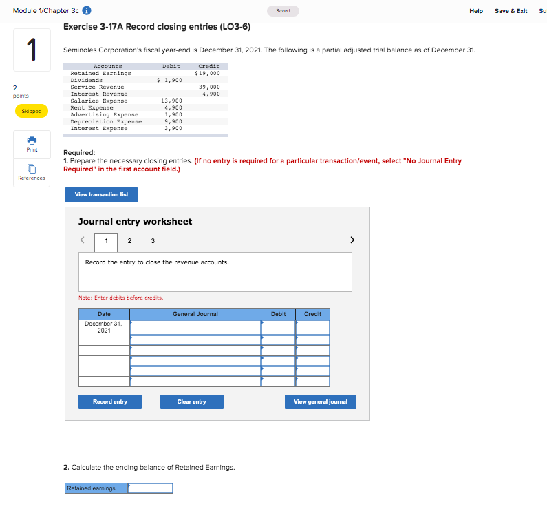 Module 1/Chapter 3c 1 Saved Help Save & Exit Su Exercise 3-17A