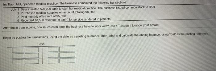 Iris Baer, MD, opened a medical practice. The business completed the following