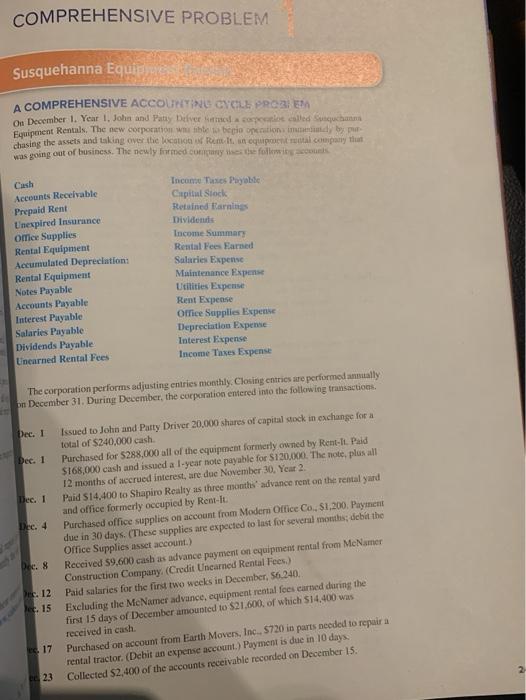 COMPREHENSIVE PROBLEM Susquehanna Equip A COMPREHENSIVE ACCOUNTING CYCLE PRO3 EM On December