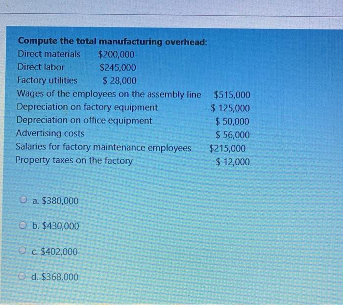 Compute the total manufacturing overhead: Direct materials Direct labor $200,000 $245,000 Factory