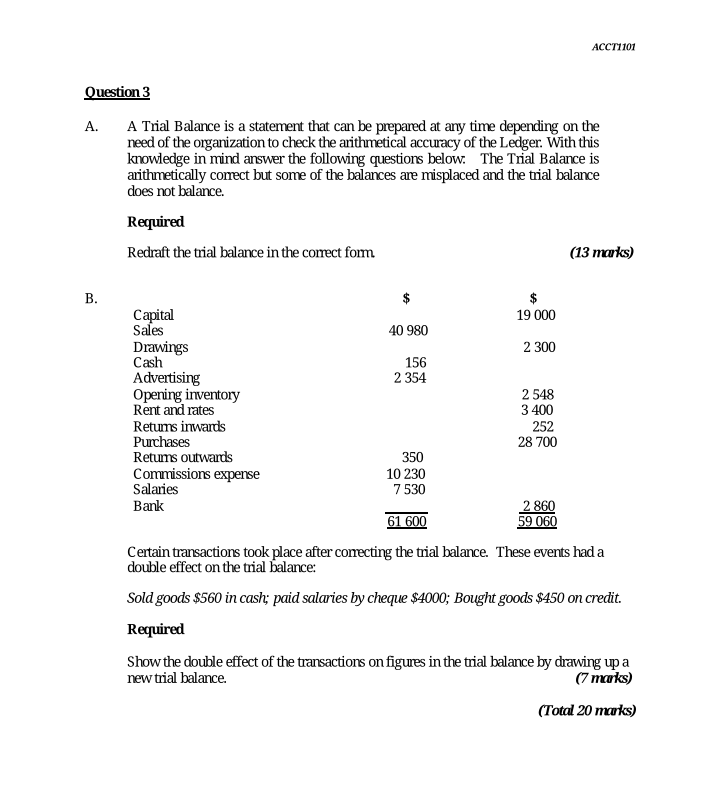 ACCT1101 Question 3 A. A Trial Balance is a statement that can