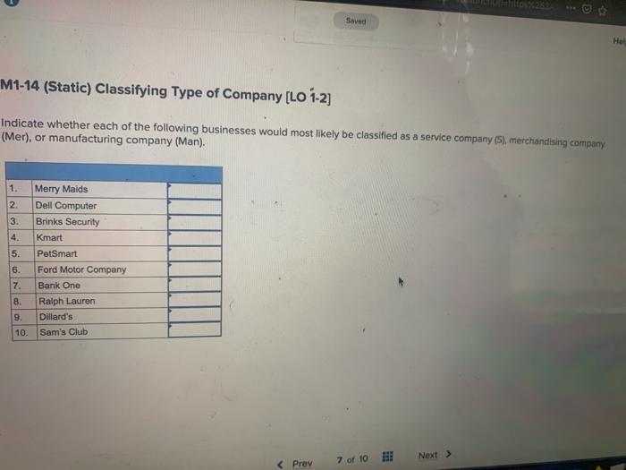 Ruth https%252 Saved M1-14 (Static) Classifying Type of Company [LO 1-2] Indicate
