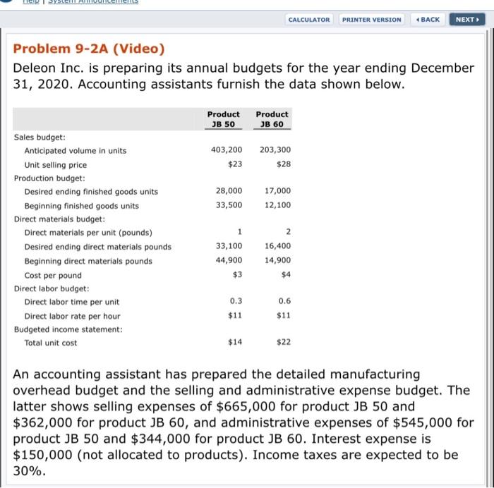 CALCULATOR PRINTER VERSION BACK NEXT Problem 9-2A (Video) Deleon Inc. is preparing