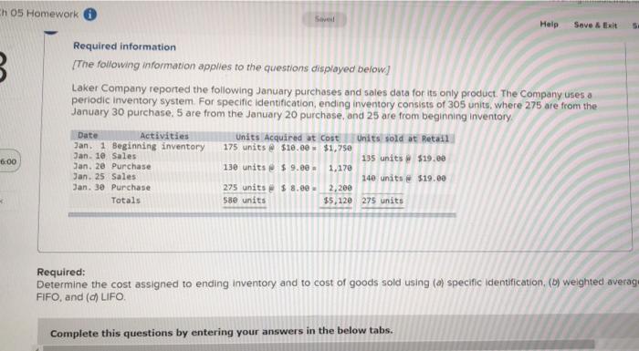 Ch 05 Homework Required information Saved Help Save & Exit Se [The