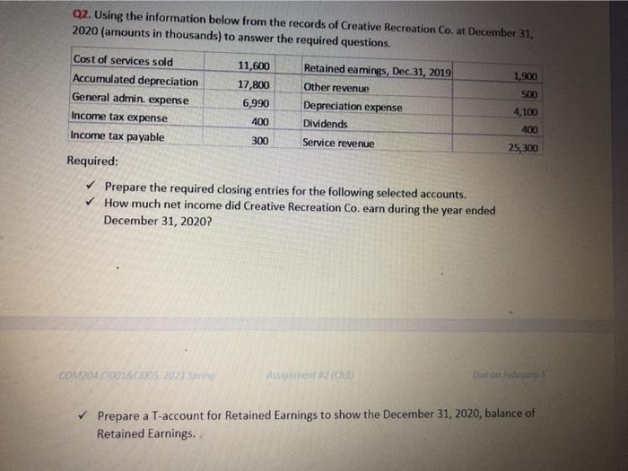 Q2. Using the information below from the records of Creative Recreation Co.