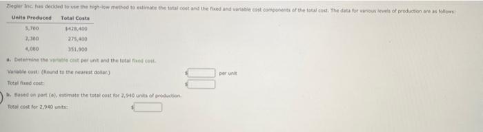 Ziegler Inc. has decided to use the high-low method to estimate the