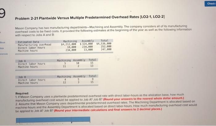Book Ask rences Problem 2-21 Plantwide Versus Multiple Predetermined Overhead Rates [LO2-1,