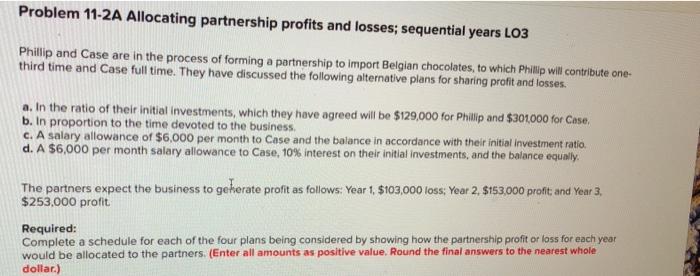 Problem 11-2A Allocating partnership profits and losses; sequential years LO3 Phillip and