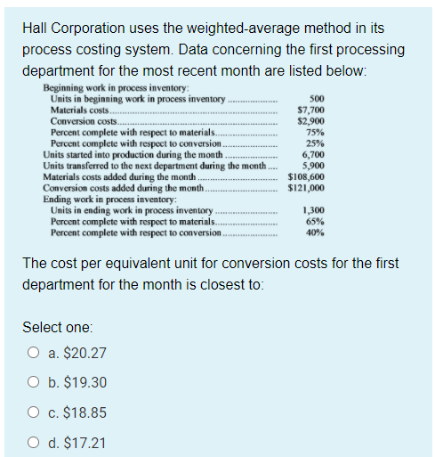Hall Corporation uses the weighted-average method in its process costing system. Data