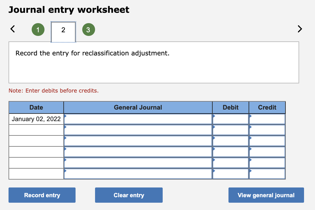 adjustment, AFS investment. Note: Enter debits before credits. Date January 02, 2022