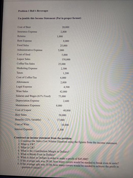Problem I Bob's Beverages Un-jumble this Income Statement (Put in proper format)