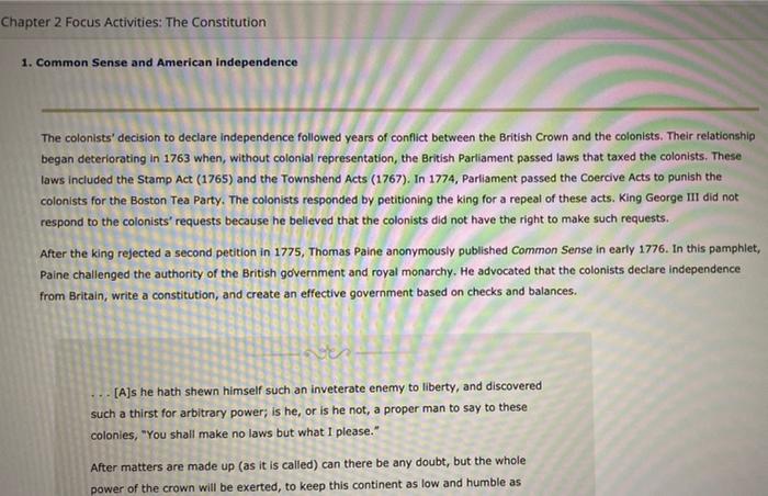 Chapter 2 Focus Activities: The Constitution 1. Common Sense and American independence