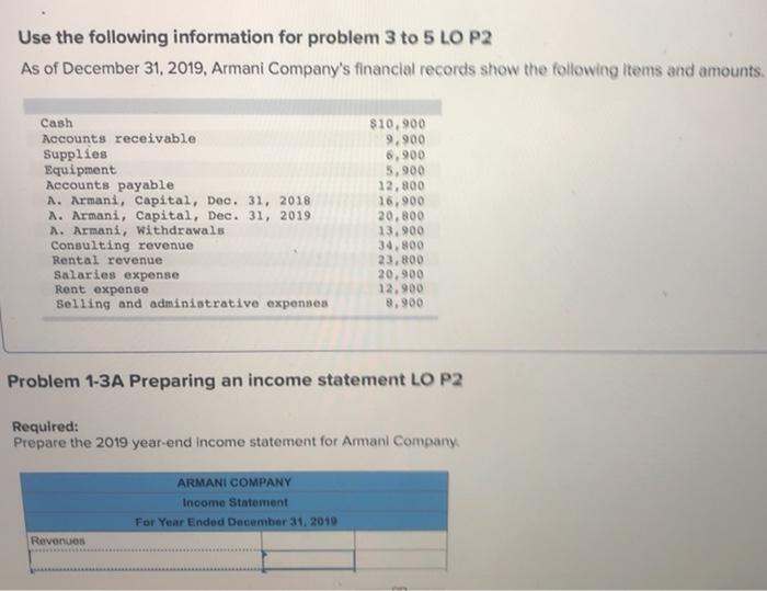 Use the following information for problem 3 to 5 LO P2 As