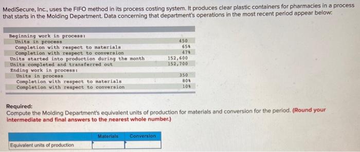 MediSecure, Inc., uses the FIFO method in its process costing system. It