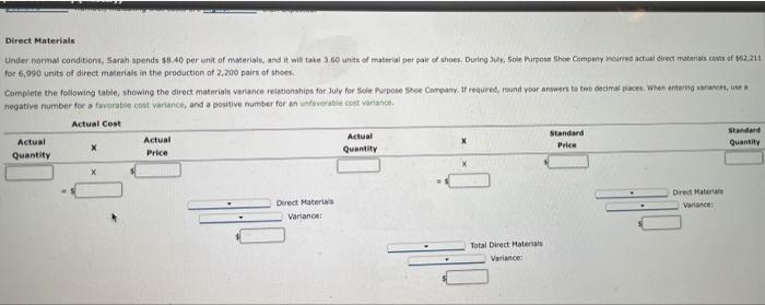 Direct Materials Under normal conditions, Sarah spends $8.40 per unit of materials,