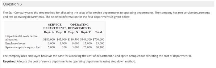 Question 6 The Star Company uses the step method for allocating the