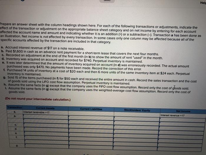Help Prepare an answer sheet with the column headings shown here. For