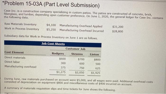 *Problem 15-03A (Part Level Submission) Case Inc. is a construction company specializing