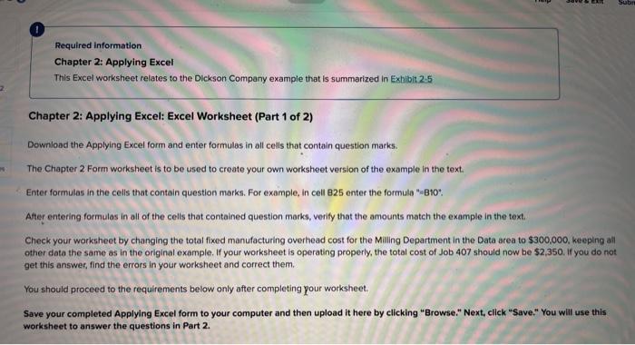 Required information Chapter 2: Applying Excel This Excel worksheet relates to the