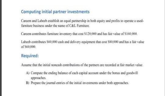 Computing initial partner investments Careem and Labeeb establish an equal partnership in