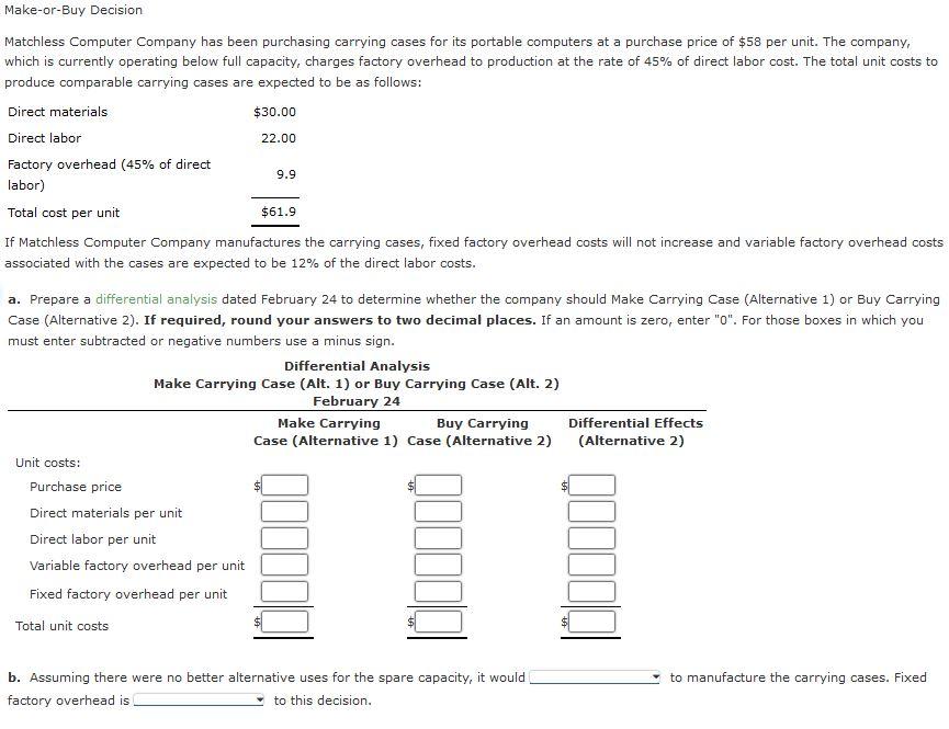 Make-or-Buy Decision Matchless Computer Company has been purchasing carrying cases for its