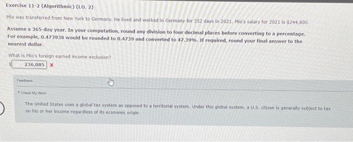 Exercise 11-2 (Algorithmic) (LO. 2) Mio was transferred from New York to