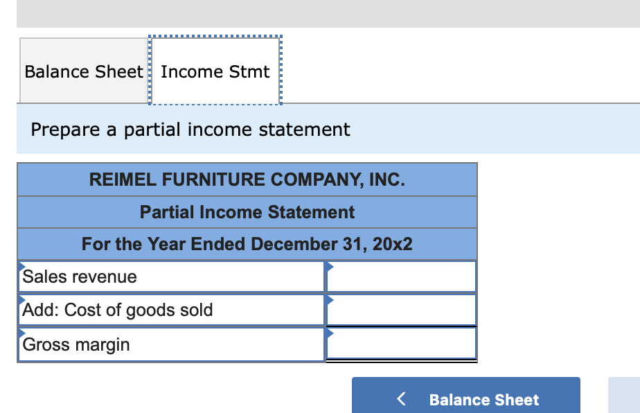 a partial balance sheet REIMEL FURNITURE COMPANY, INC. Inventory: Partial Balance Sheet