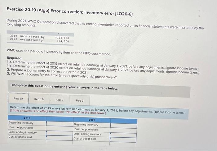 Exercise 20-19 (Algo) Error correction; inventory error [LO20-6] During 2021, WMC Corporation
