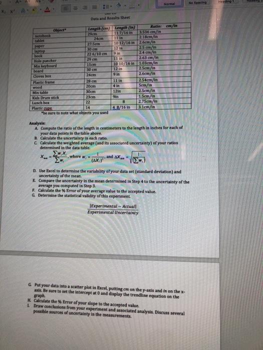 Normal No Spacing Object Data and Results Sheet Length (cm) Length (in)