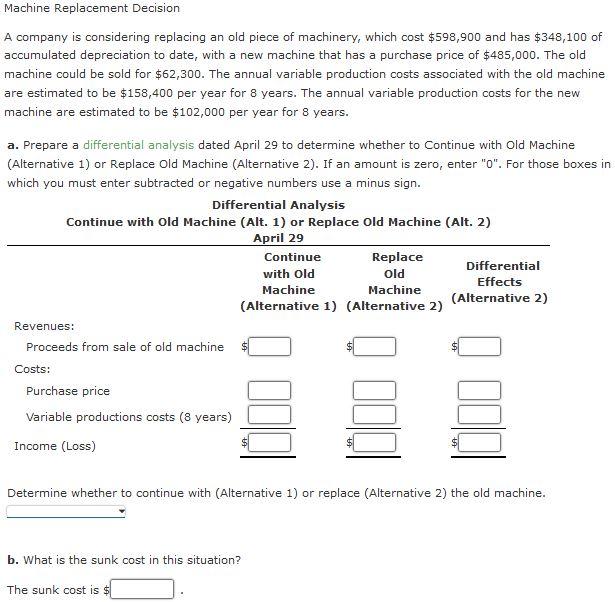 Machine Replacement Decision A company is considering replacing an old piece of