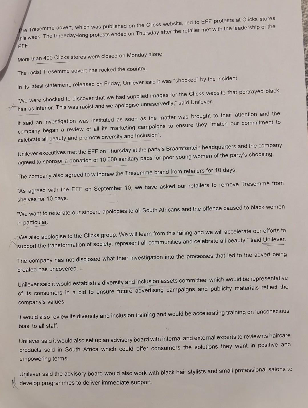 section Unilever admits Tresemm hair advert was racist, staff to be subjected