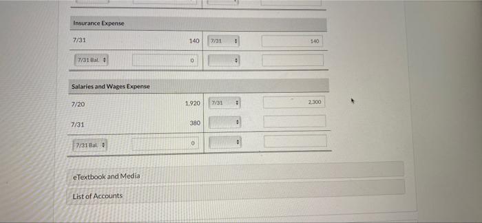 following accounts: Cash, Accounts Receivable, Supplies, Prepaid Jourance Fauipment, Accumulated Depreciation-Equipment, Accounts
