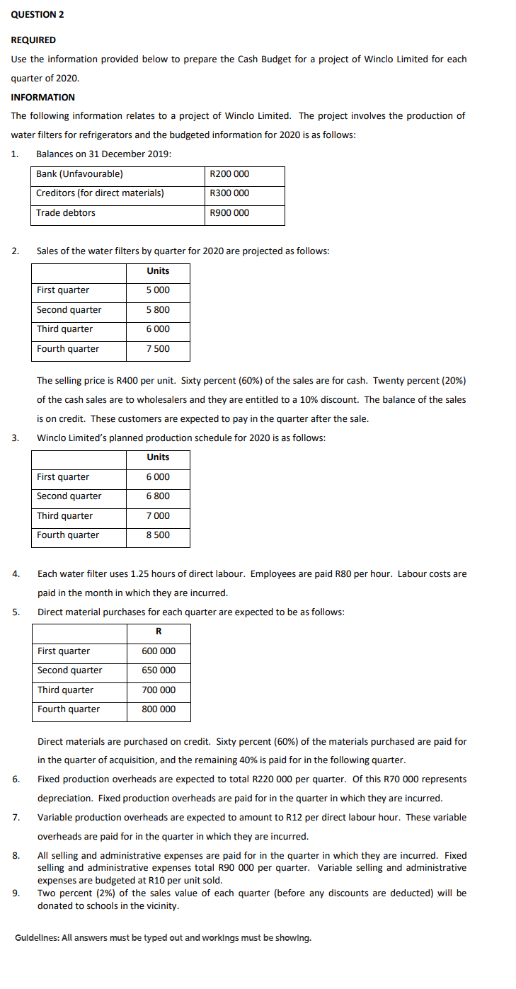 QUESTION 2 REQUIRED Use the information provided below to prepare the Cash